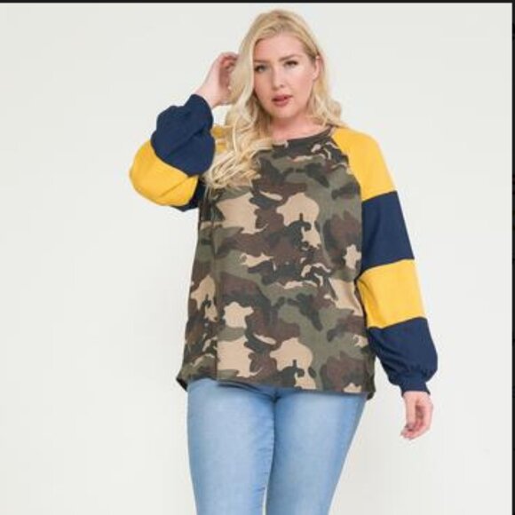 Story Teller Raglan sleeve color block Camo top Size 1X - Picture 2 of 2